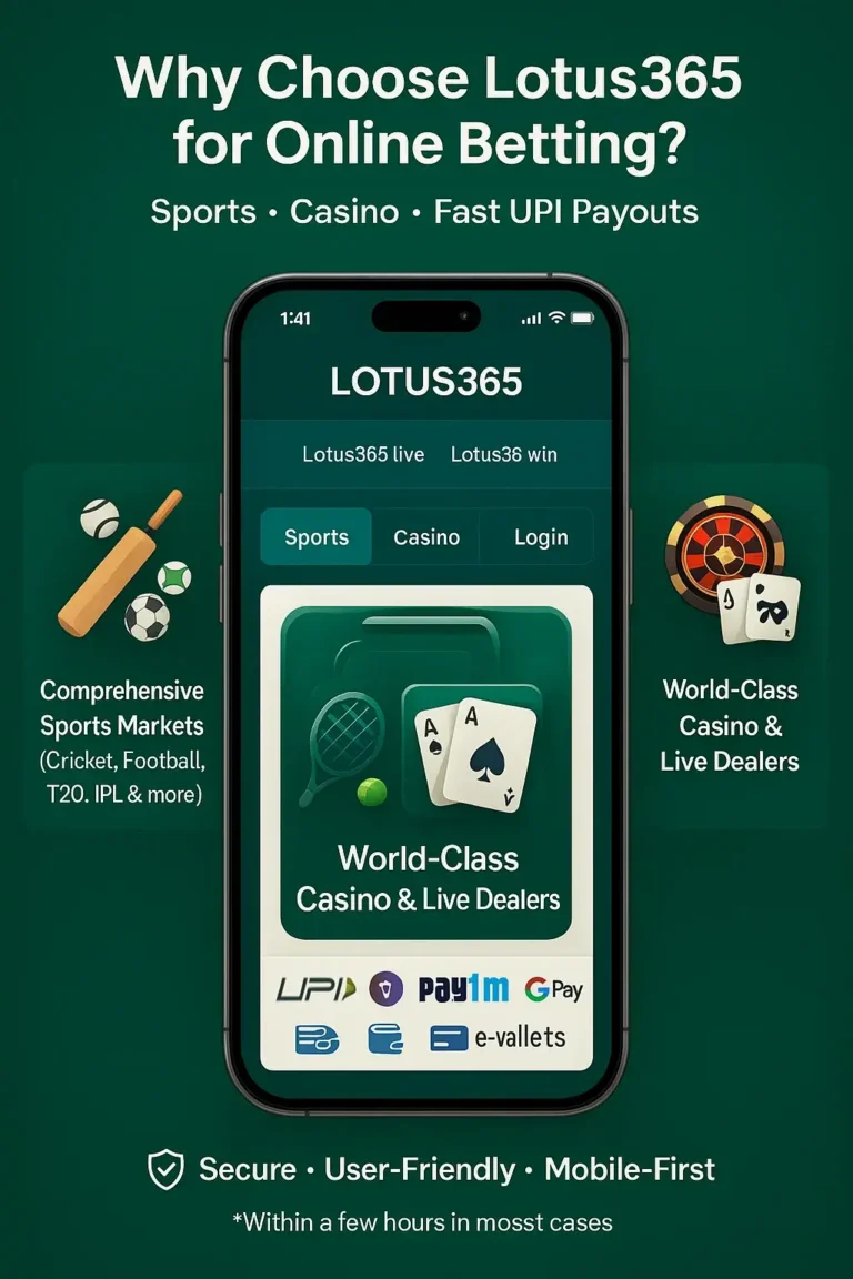 The Lotus365 app has a banner showing sports, casino features, and fast UPI payments.
